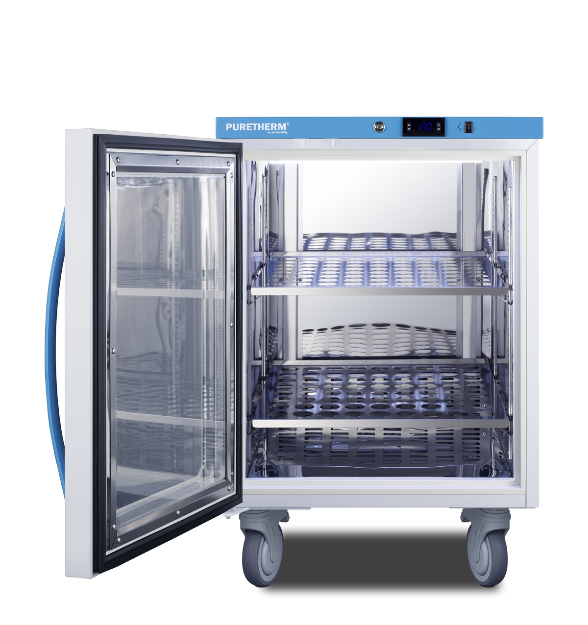 Performance Series hospital blanket warmer with a self-closing glass door, stainless steel interior, digital thermostat, casters, and lock